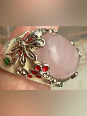 David Sigal 925 Sterling Silver Rose Quartz Cloisonné Enamel Dragonfly Ring 9.5